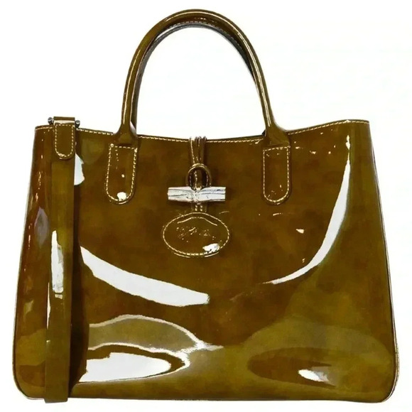 LONGCHAMP Brown Tortoise Patent Leather Large Roseau Toggle Tote - Picture 1 of 13